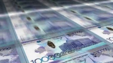 Kazakistan Tenge para kâğıdı baskısı. KZT banknotları döngü baskısı. Kusursuz ve döngülü finans kavramı, ekonomi krizi, enflasyon ve iş dünyası.
