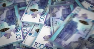 Kazakistan Tenge büyüyen para yığını. KZT banknotları dönüyor. Kusursuz ve döngülü finans kavramı, ekonomi krizi, enflasyon ve iş dünyası.