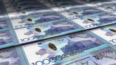 Kazakistan Tenge para baskı 3D illüstrasyon. KZT banknotları finans, ekonomi krizi, enflasyon ve iş dünyası kavramının basımı.