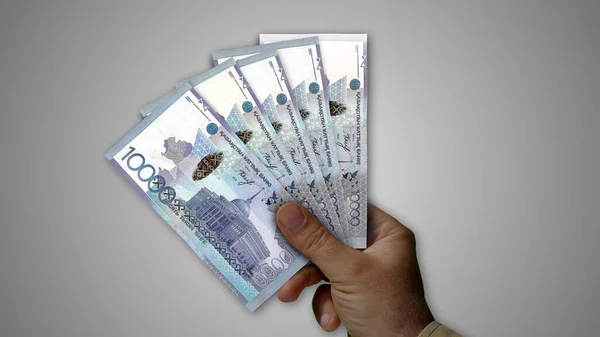 Kazachstan Tenge Stapel Geld Hand Illustratie Achtergrondconcept Van Kzt Bankbiljetten — Stockfoto