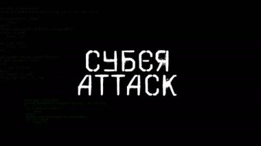 Siber saldırı alarmı Rus, bozulma ve arıza efekti pürüzsüz ve üç boyutlu. Bilgisayar korsanlığı, virüs ve güvenlik ihlali soyut kavramlar. Gürültülü retro TV tarzı arkaplan.