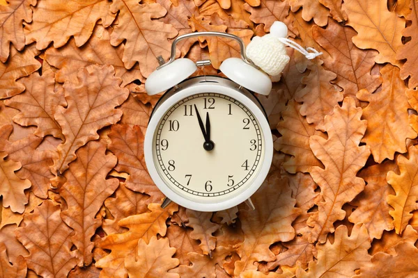 目覚まし時計と秋のオークの葉のトップビュー — ストック写真