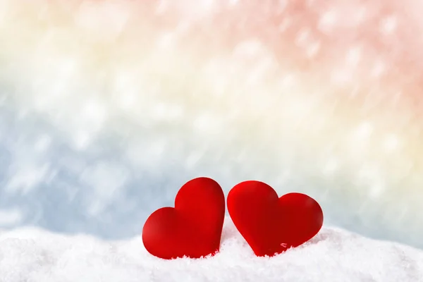 Valentine Day Concept Two Red Hearts White Snow Blurred Background — Stock Photo, Image