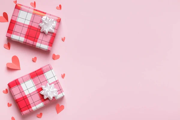 Gift Boxes Red Paper Hearts Pink Pastel Background Valentine Day —  Fotos de Stock