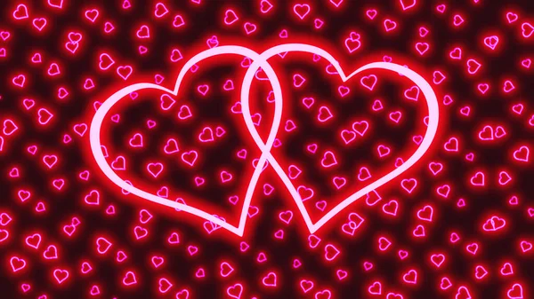 Valentines Day Two Heart Shapes Neon Glow Effect Purple Background — Stock Photo, Image