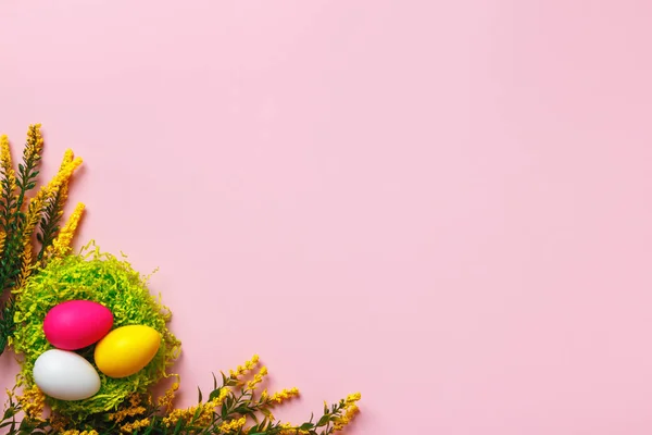 Vista Superior Huevos Pascua Ramitas Flores Sobre Fondo Rosa Piso Fotos De Stock
