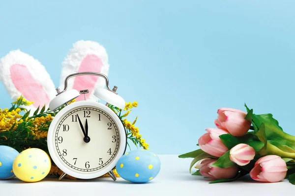 Paskalya kompozisyonu. Alarm saati yumurta kulaklar mavi arka planda tavşan laleleri.
