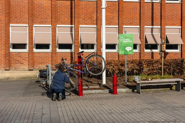 Gothenburg Sweden March 2021 Person Servicing Bicycle Service Station — 图库照片