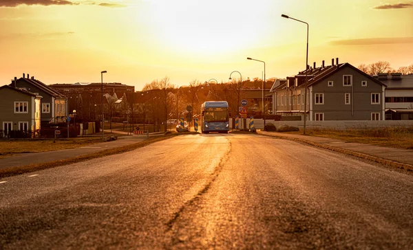 Gothenburg Sweden April 2021 Bus Driving Street Beautiful Sunset Light — Fotografia de Stock