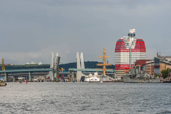 Gothenburg, Sweden - August 16 2021: Riverside view of Gota Alvbron and the new Hisingsbron as well as Lppstiftet.