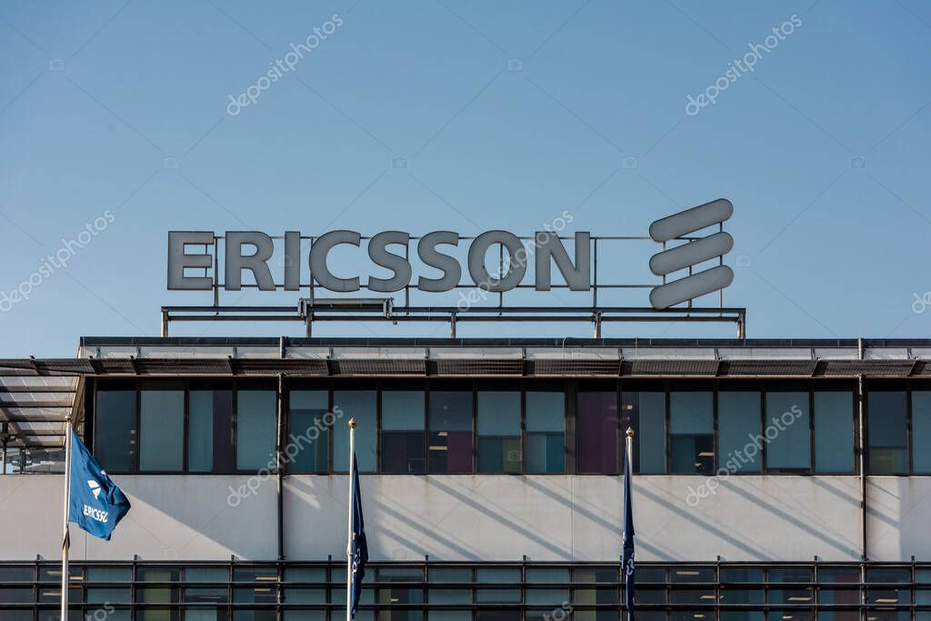 Gothenburg, Sweden - April 29 2019: Sign of telecom company Ericsson on top of a building at Lindholmen.