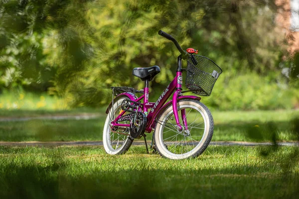 2019年5月5日 瑞典哥德堡 紫色儿童自行车Sierra Belle站在草地上 — 图库照片