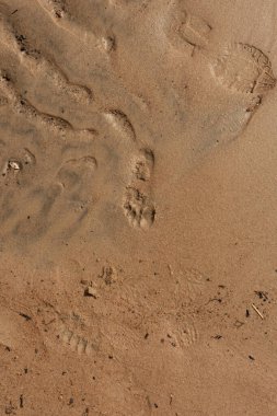 Kumsalın kahverengi kumlarında ayak izleri..
