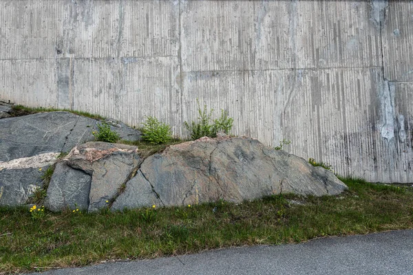 Grass, rockside and concrete by the side of a road.