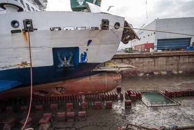 Frederikshavn, denmark - March 11 2008: Scanlines passenger ferry Rostock in dry dock after having ran aground.