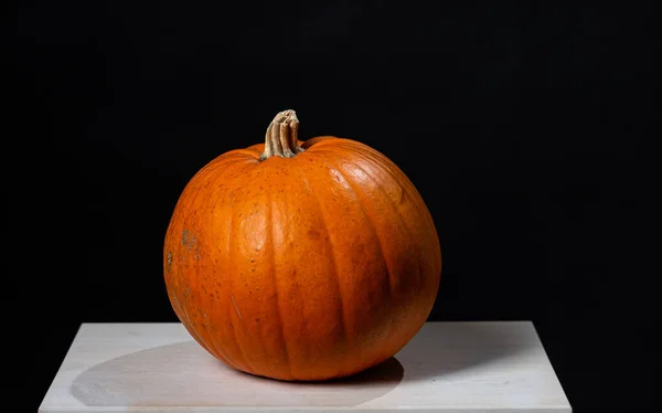 Pumpkin on a white table against black backdrop.