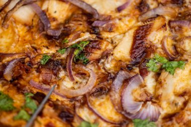 Sıcak bir pizzanın lezzetli yakın çekimi..