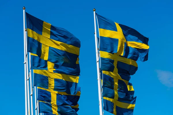 Several swedish flags flying on flagpoles.