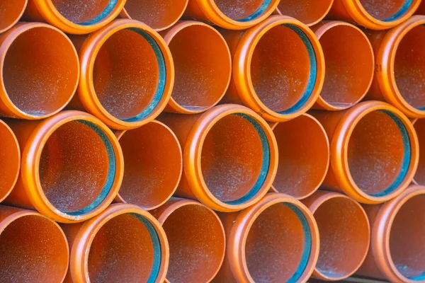 Grande Pilha Tubos Pvc Plástico Laranja — Fotografia de Stock