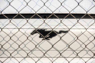 Göteborg, İsveç - 25 Temmuz 2021: Ford Mustang Mach-e bir çitin arkasında.