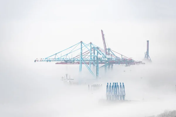 Gothenburg Sweden April 2022 Container Cranes Skandiahamnen Dense Local Fog — Stock Photo, Image