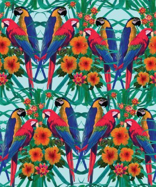 Amerika papağanı ile Seamless Modeli, palmiye yaprakları ve çiçekler.