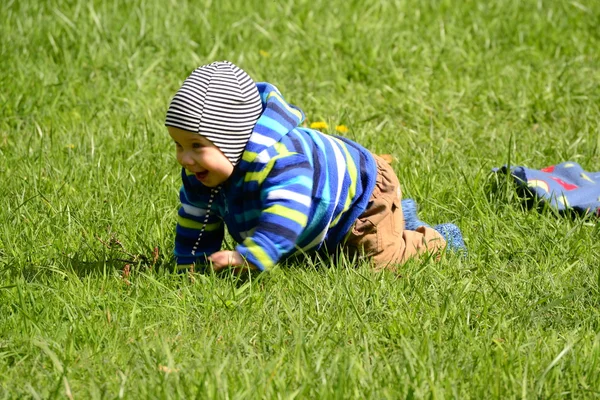 Bebê rastejando em uma grama verde — Fotografia de Stock