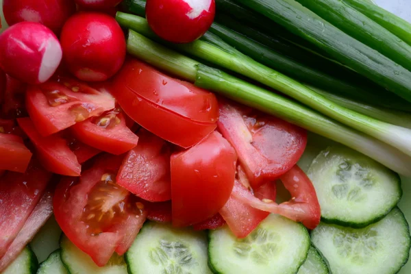 Salatalık, domates, turp ve yeşil soğan — Stok fotoğraf