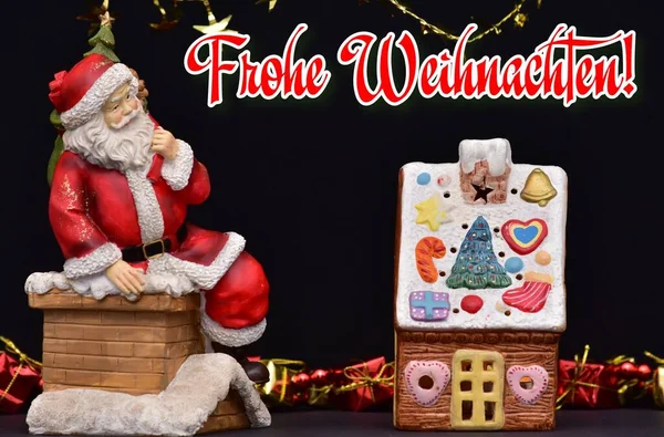 God Jul Gratulationskort Santaclaus Figurine Och Hus — Stockfoto