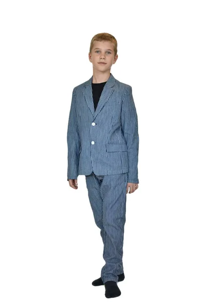 Boy Striped Suit White Background — Zdjęcie stockowe