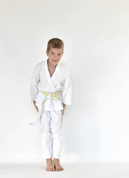 Boy Kimono Standing Bowing Taekwondo Class — Stockfoto