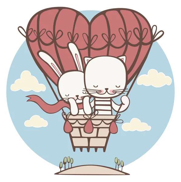 Cat and hare are flying on the big balloon in the shape of heart — Stock Photo, Image