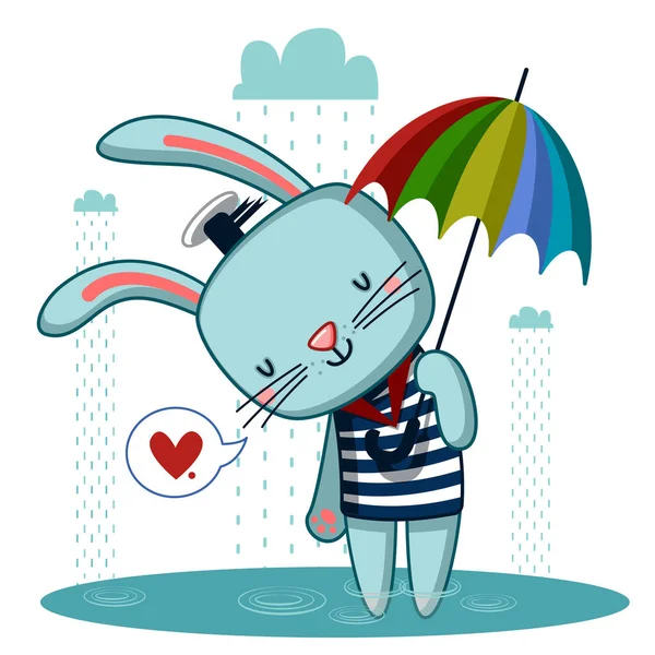Netter Hase Mit Regenschirm Genießt Den Regen — Stockvektor