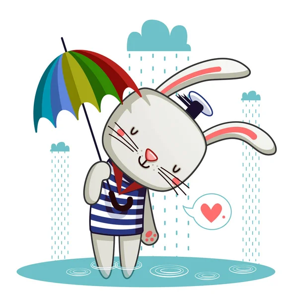 Iepuras Drăguț Umbrelă Bucură Ploaie — Vector de stoc