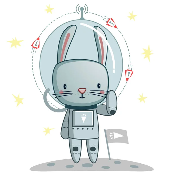 可爱的兔子宇航员挥手 — 图库矢量图片