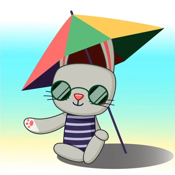 Cute Rabbit Sits Umbrella Beach — Vector de stock