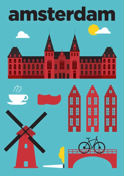 Άμστερνταμ πόλης εικονίδια αφίσα — Διανυσματικό Αρχείο
