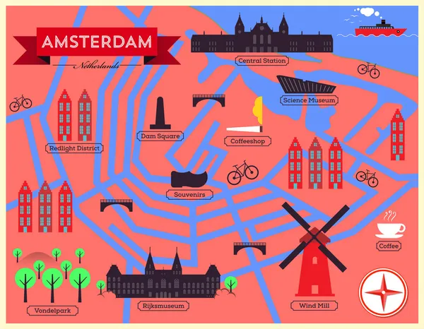 Mapa města Amsterdam — Stockový vektor