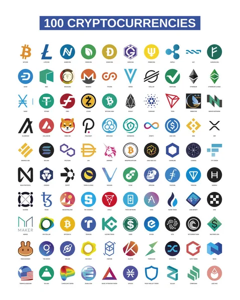 Beyaz arkaplanda 100 tane daha önemli kripto para birimi