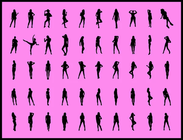 Silhouettes Blanches Vectorielles Belles Femmes Différentes Sur Fond Noir Grand — Image vectorielle