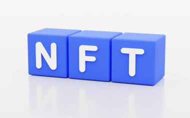 NFT 'nin 3d illüstrasyonu, beyaz arkaplan ile mavi küp üzerine finanse edilebilir NFT harfi değil