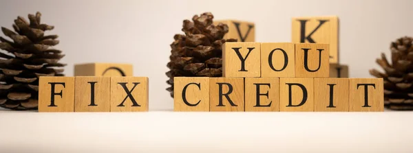 Word Fix You Credit Created Wooden Cubes Close — Stock Photo, Image