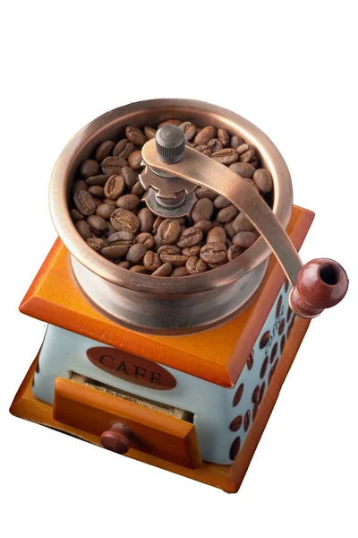 Alte Art Manuelle Kaffeemühle Und Kaffeekörner Darin Draufsicht Isoliertes Bild — Stockfoto
