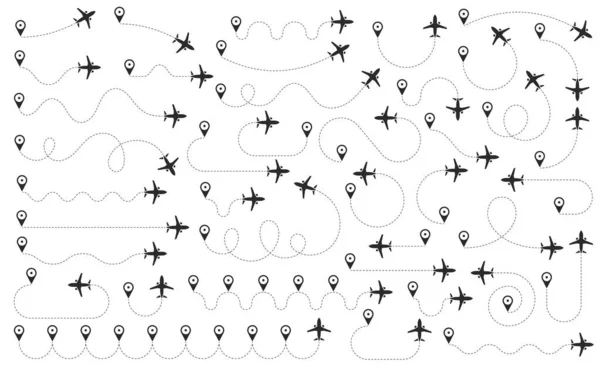 The flight path of the aircraft from the point of location along the dotted line. Flight route from a waypoint with an airplane silhouette. Vector elements.	