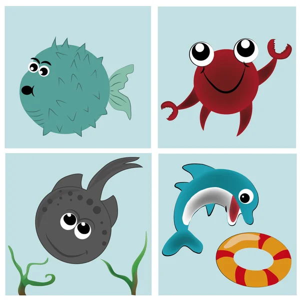 Cuatro iconos de los animales en el mar — Vector de stock