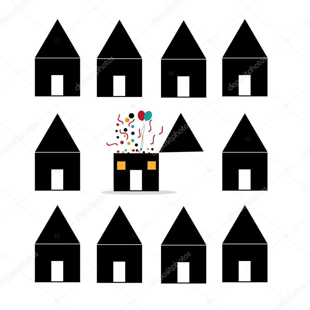 A lot of silhouettes of houses in a white background with only one different house