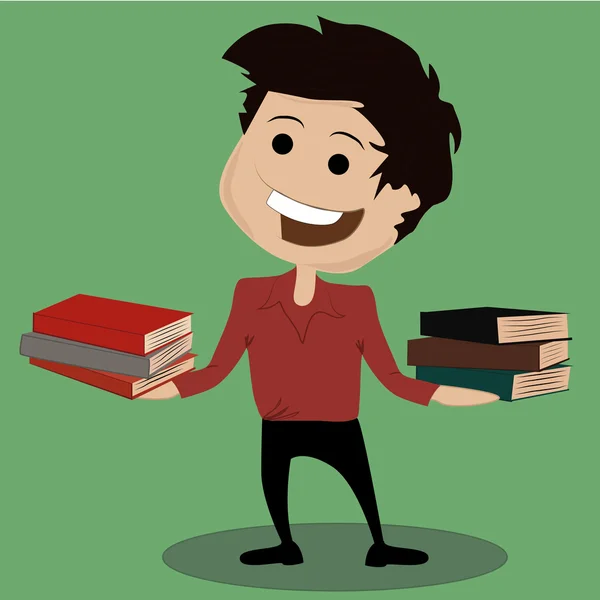 Happy young boy and a lot of books — Stock Vector