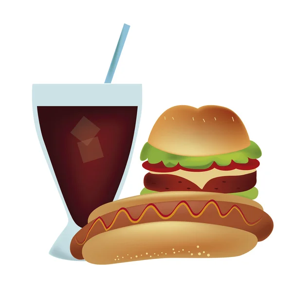 Hot dog con hamburguesa y una bebida — Vector de stock