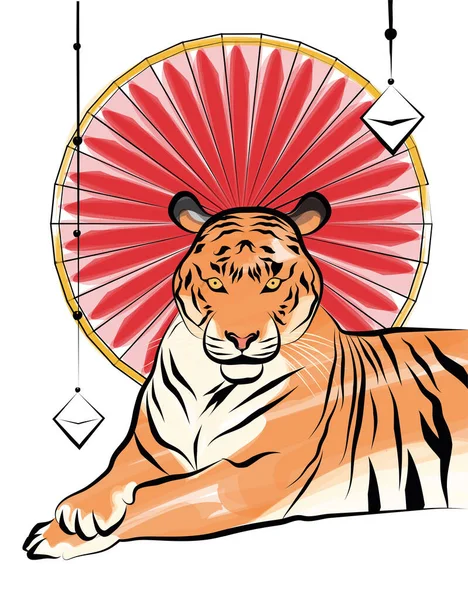 Tigre chinois de couleur isolée avec ornements asiatiques Vecteur — Image vectorielle