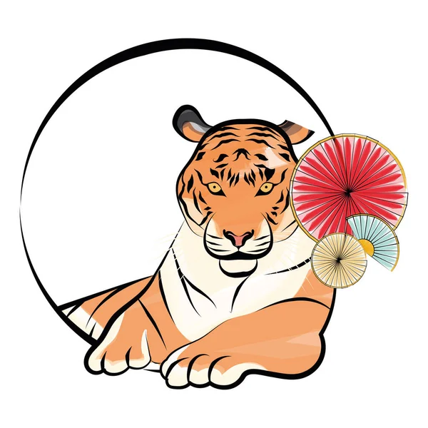 Tigre chinês colorido em um rótulo círculo com ornamentos asiáticos Vector — Vetor de Stock